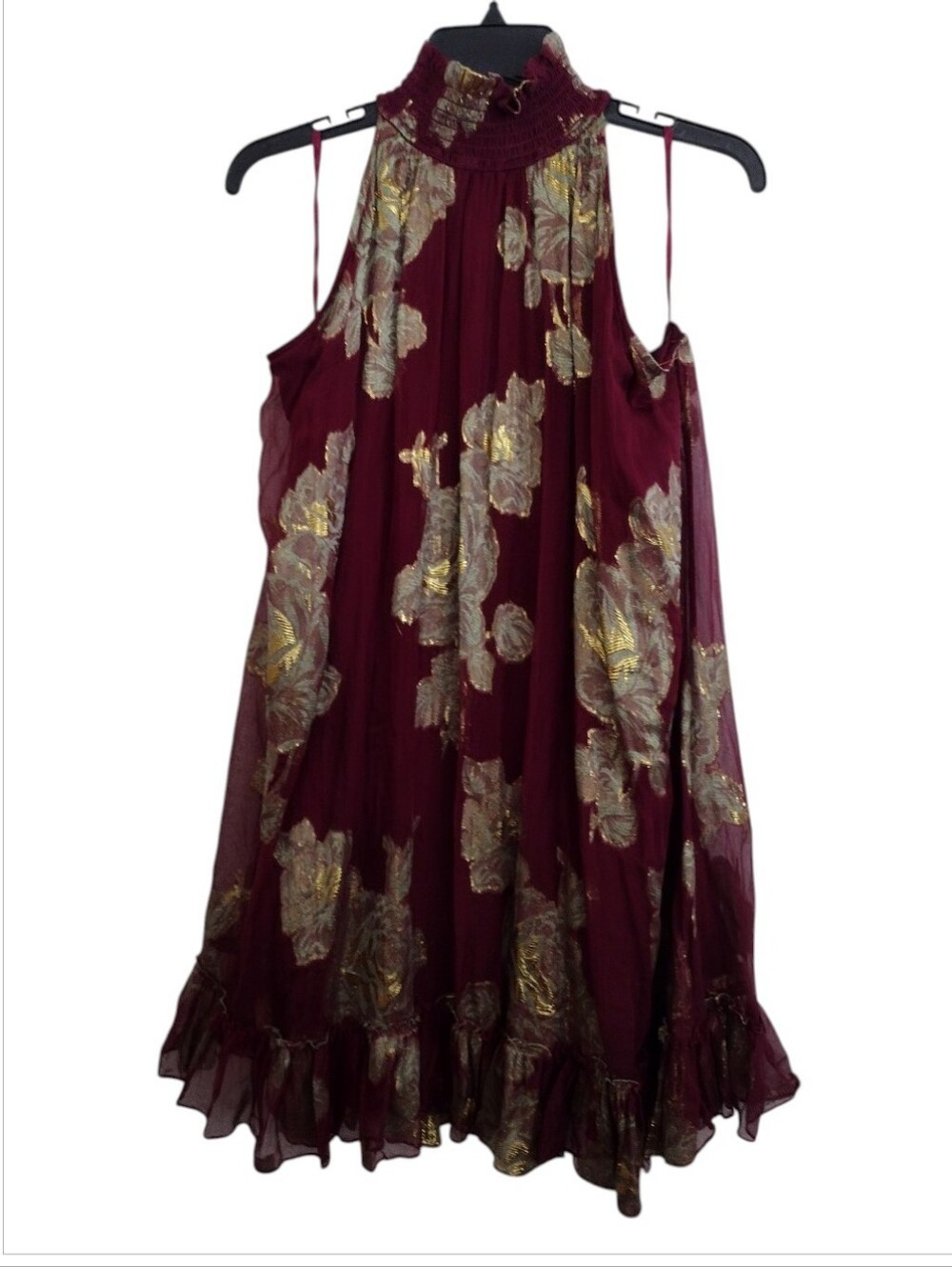 HEMANT & NANDITA Burgundy Halter Swing Dress with Metallic Gold Floral Motif 10P